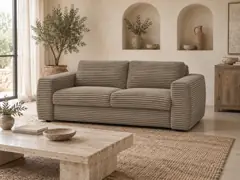 Canapé Hugo Bobochic, 3 places droit convertible express couchage 140x190, gros côtelé doux, coloris taupe, mise en situation dans un salon