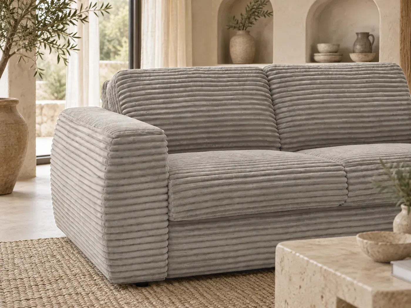 Hugo, 3 places droit convertible express couchage 140x190, gros côtelé doux, coloris taupe : gros plan sur les coussins