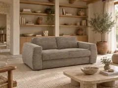 Canapé Hugo Bobochic, 3 places droit convertible express couchage 140x190, gros côtelé doux, coloris taupe, mise en situation dans un salon