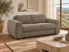 Canapé Hugo Bobochic, 3 places droit convertible express couchage 140x190, gros côtelé doux, coloris taupe, mise en situation dans un salon