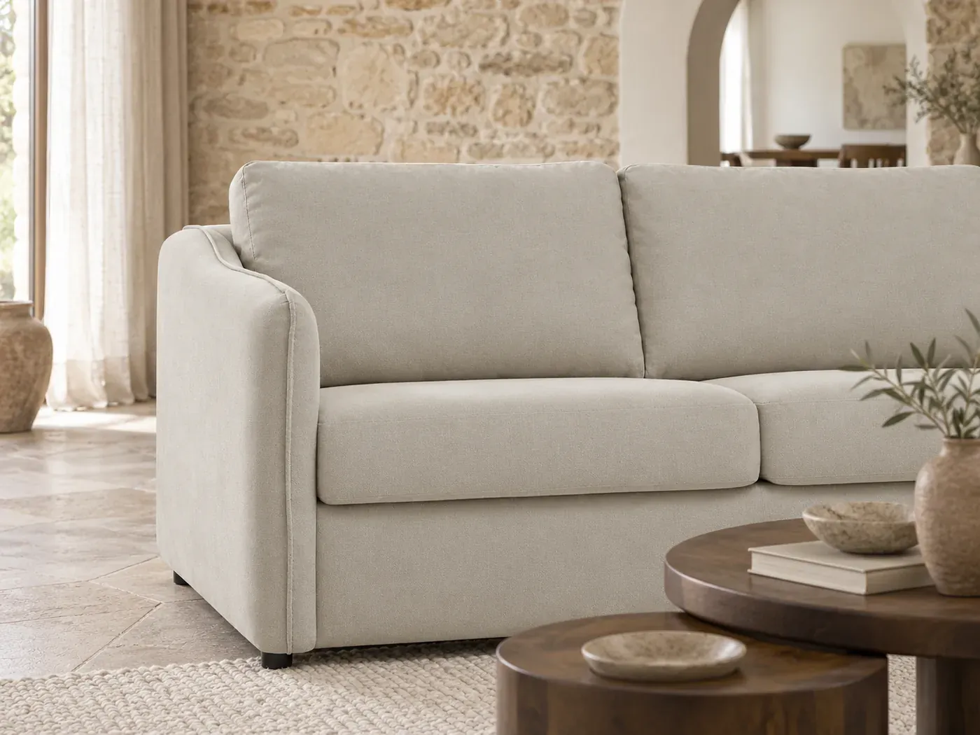 Lenny, 3 places droit convertible express, tissu lisse, coloris beige : gros plan sur les coussins