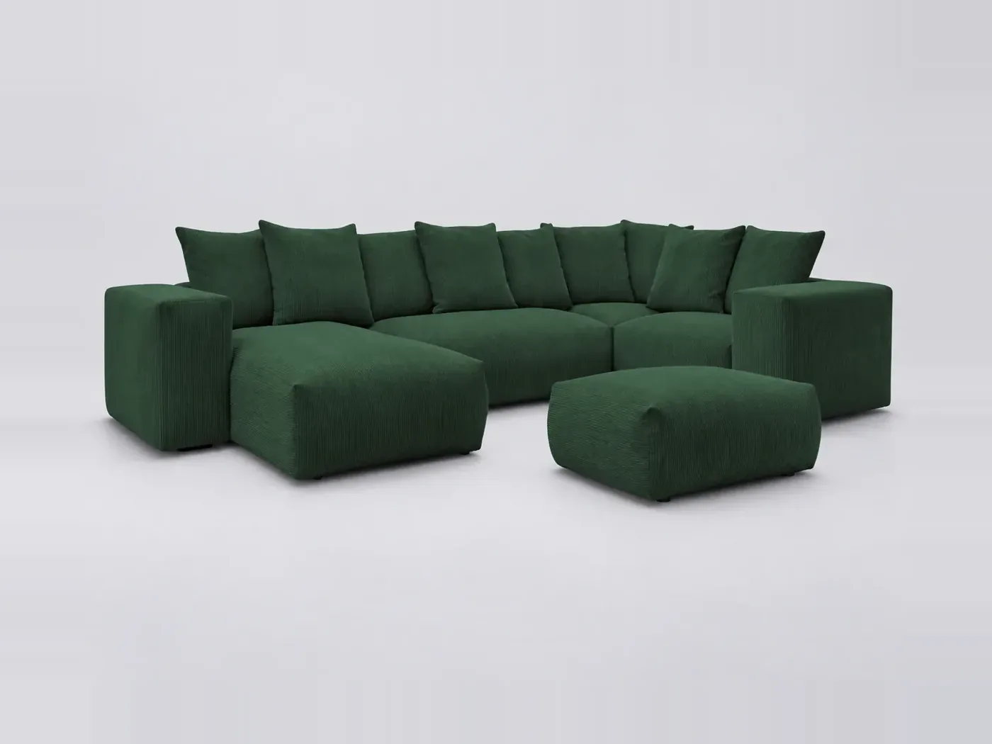 Canapé Voltaire Bobochic, 6 places panoramique fixe modulable (1 méridienne, 1 angle et 2 chauffeuses), velours côtelé, coloris vert
