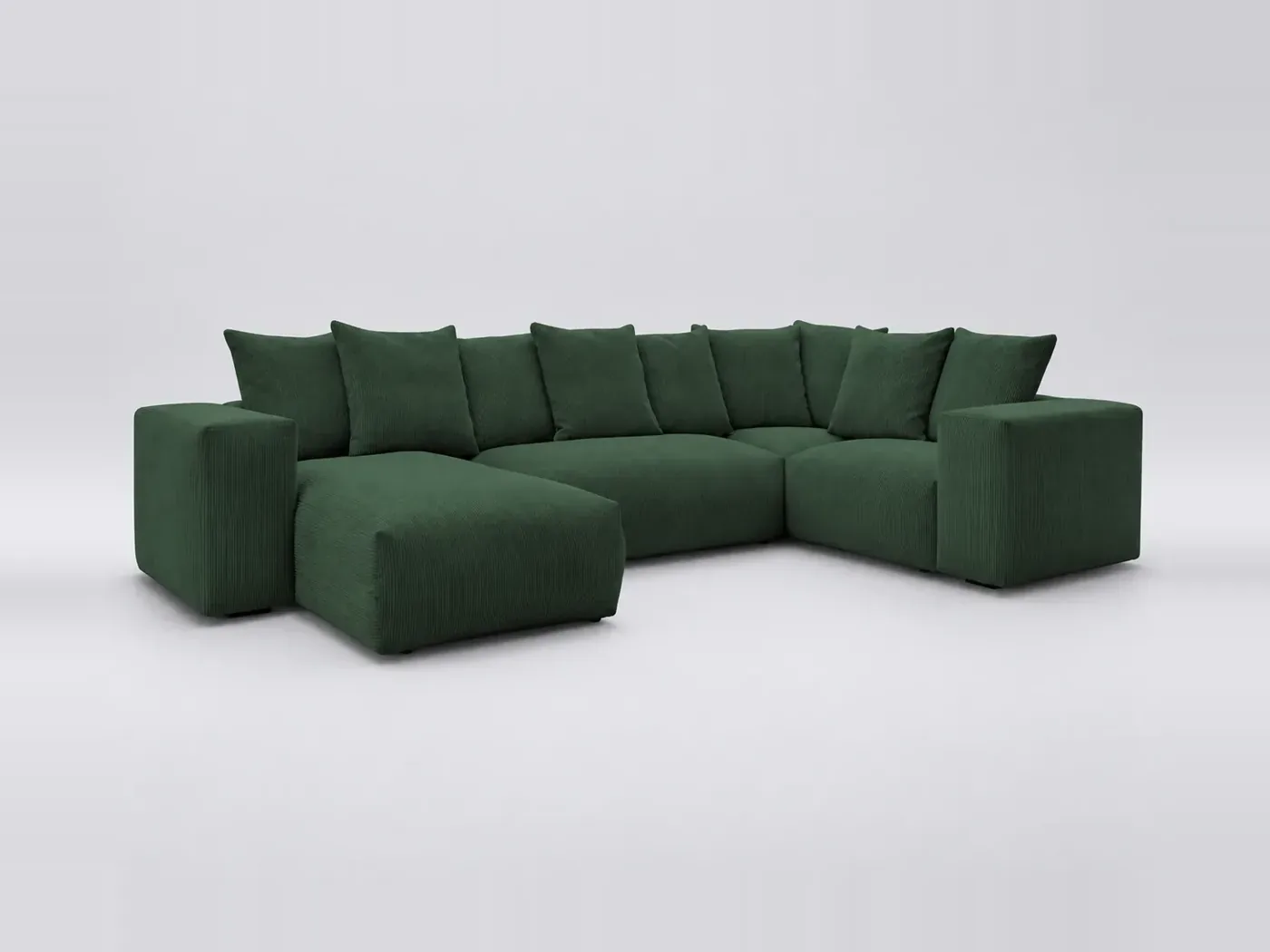 Canapé Voltaire Bobochic, 5 places panoramique fixe modulable (1 méridienne, 2 chauffeuses et 1 angle), velours côtelé, coloris vert