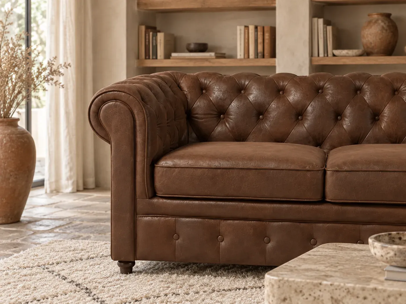 Chesterfield, 3 places droit convertible, suédine, coloris suedine : gros plan sur l'accoudoir