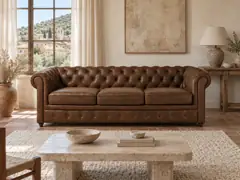 Canapé Chesterfield Maisons du Monde, 3 places droit convertible, suédine, coloris suedine, mise en situation dans un salon (illustration IA 3)