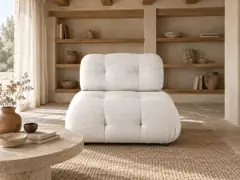 Canapé Pump Maisons du Monde, 1 place droit fixe, coloris coloris sable, mise en situation dans un salon (illustration IA 6)
