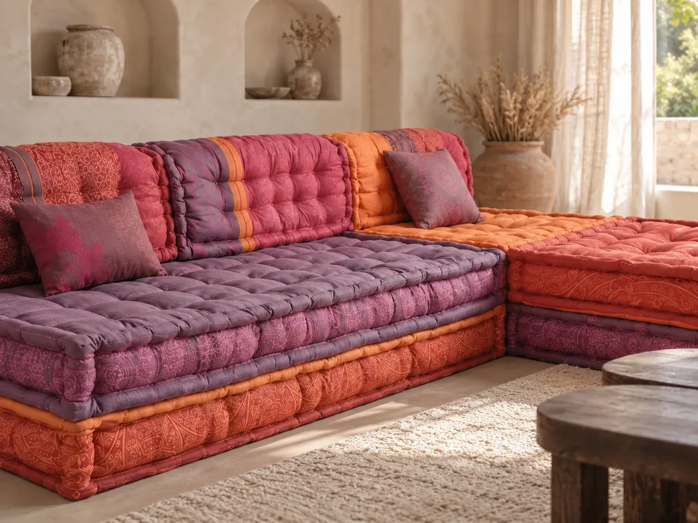 Madurai, 5 places d'angle convertible, coton, coloris multicolore : gros plan sur le tissu
