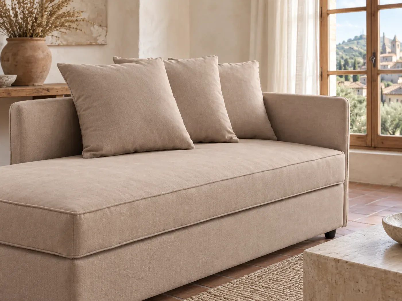 Clea, 3 places d'angle fixe, tissu, coloris meridienne coffre beige : gros plan sur les coussins