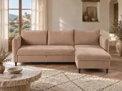 Canapé Divine Maisons du Monde, 3 places d'angle convertible, velours, coloris taupe, mise en situation dans un salon (illustration IA 1)