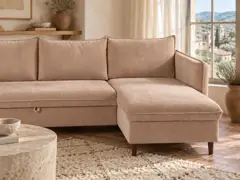 Canapé Divine Maisons du Monde, 3 places d'angle convertible, velours, coloris taupe, mise en situation dans un salon (illustration IA 2)