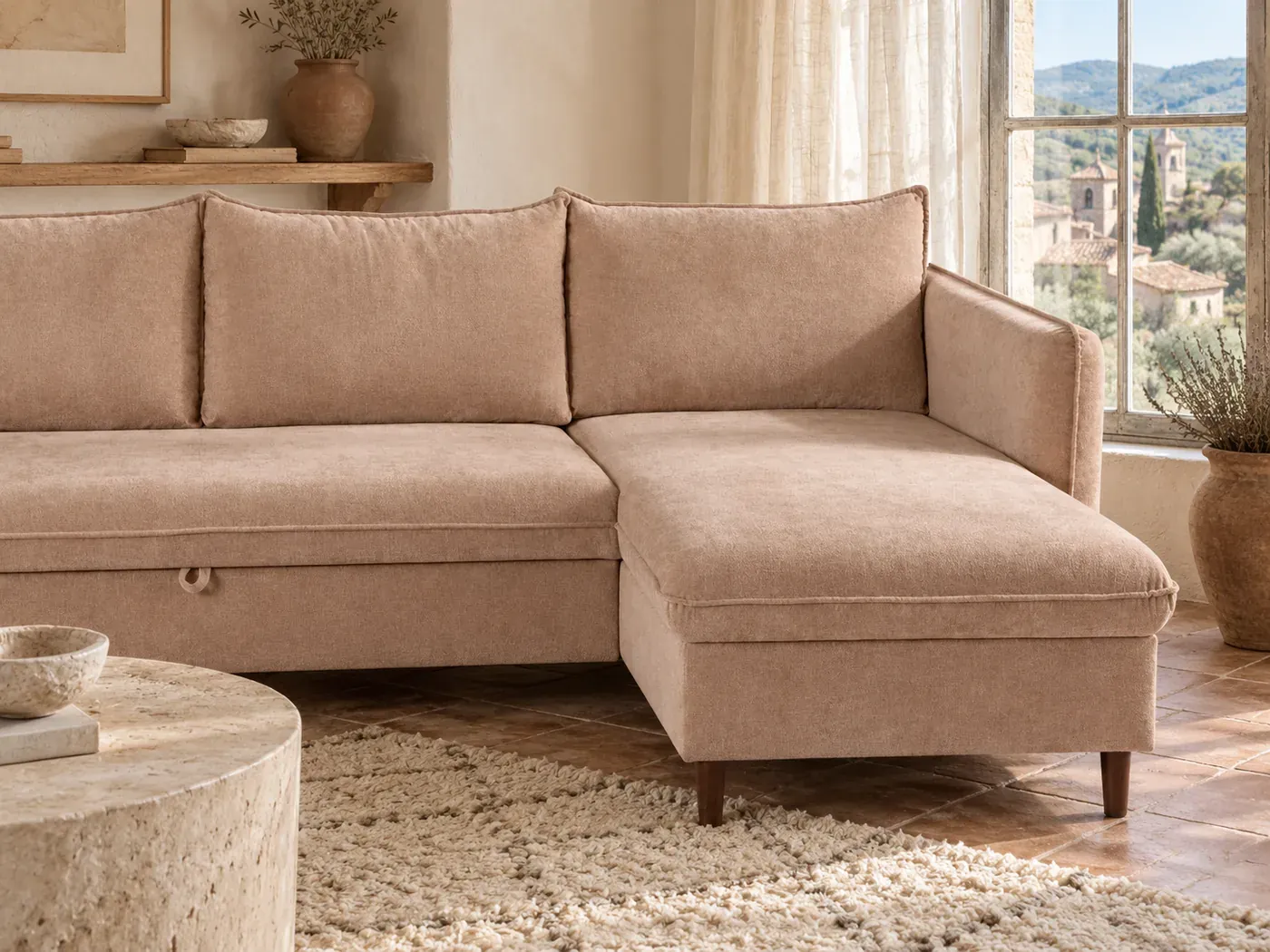 Divine, 3 places d'angle convertible, velours, coloris taupe : gros plan sur les coussins