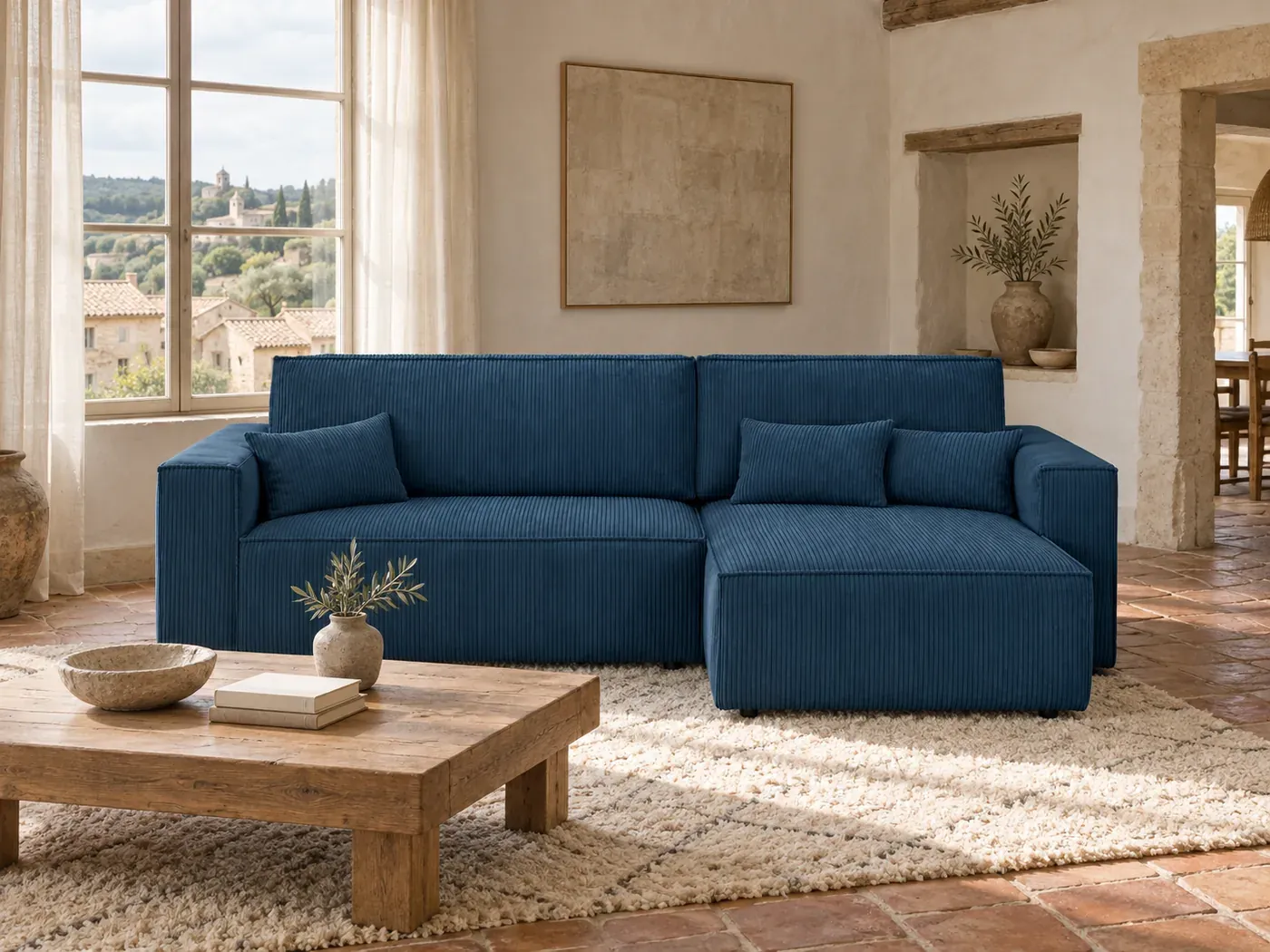 Canapé Livia Maisons du Monde, coloris Bleu côtelé (mise en situation illustrée par IA)