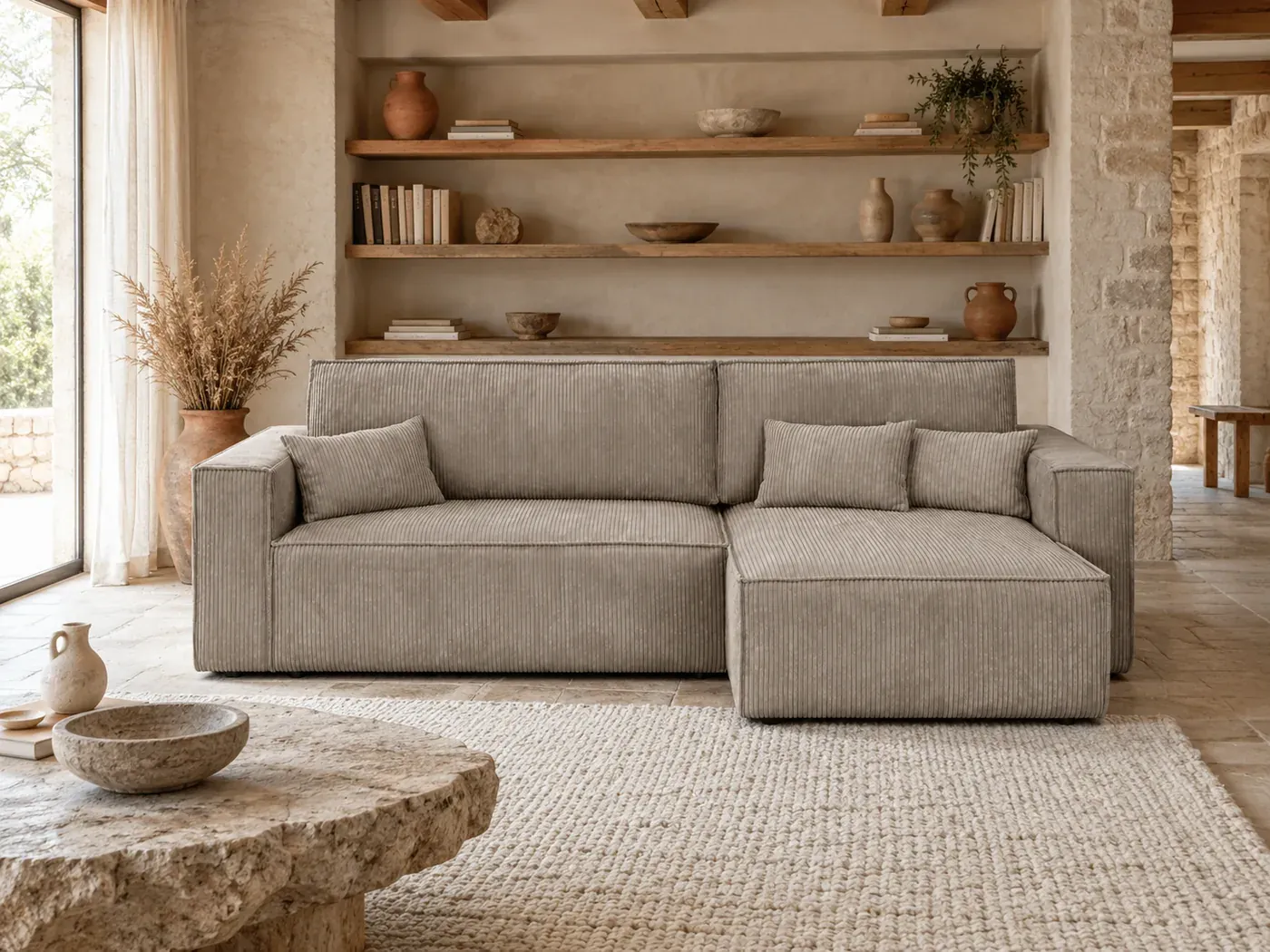 Mise en situation illustrée par IA à partir de la photo du coloris Canapé Livia Maisons du Monde, coloris Taupe (mise en situation illustrée par IA)