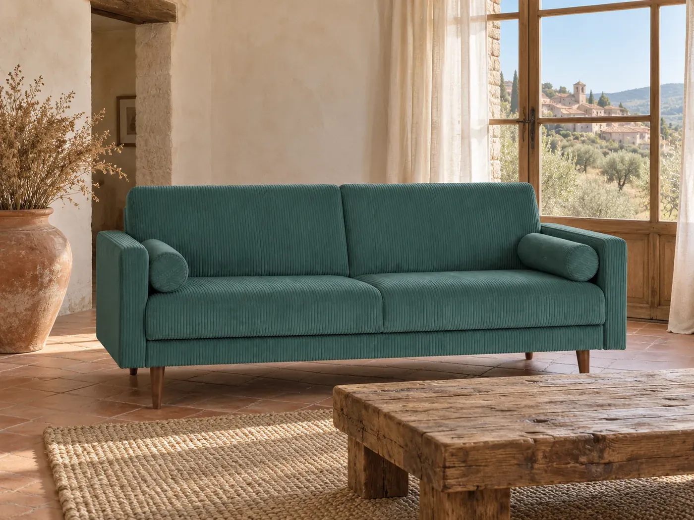 Canapé Livia Maisons du Monde, coloris Vert (mise en situation illustrée par IA)
