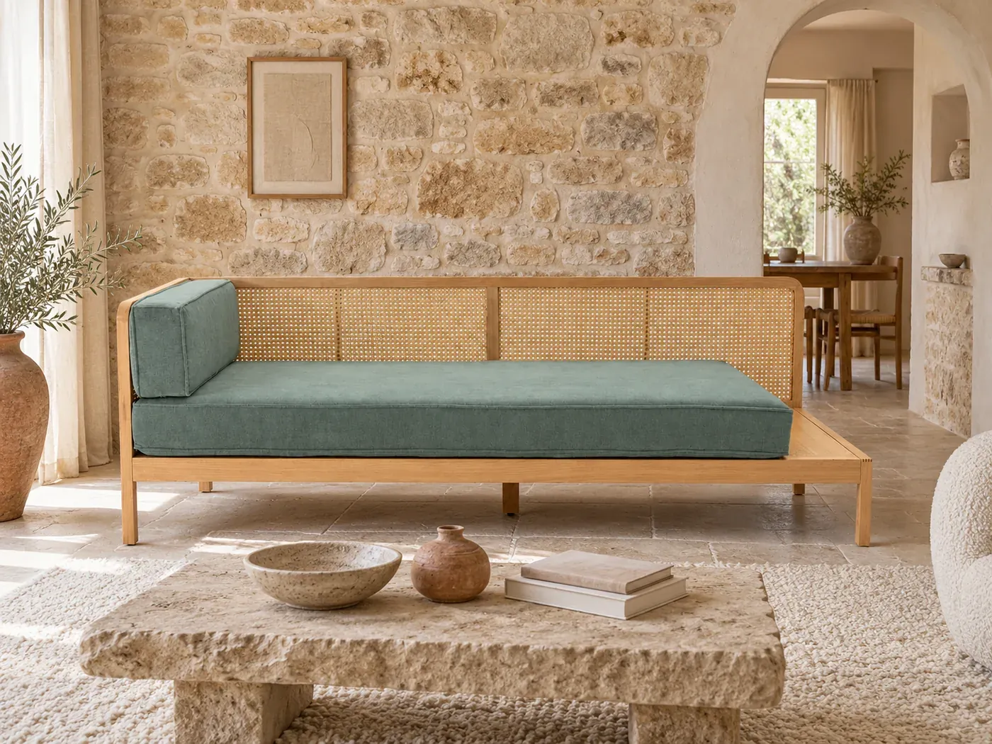 Scillia, 3 places droit fixe, coloris vert eucalyptus, dans un salon en pierre blonde avec une arche chaulée
