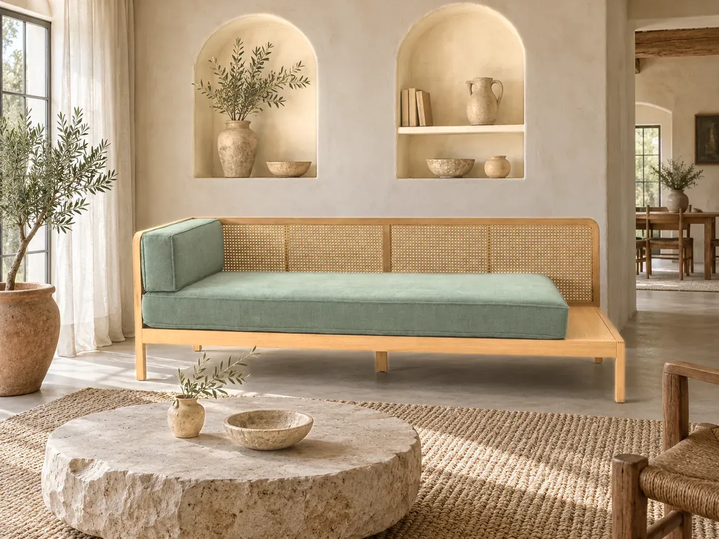 Scillia, 3 places droit fixe, coloris vert eucalyptus, dans un séjour de mas aux murs chaulés et aux niches arrondies