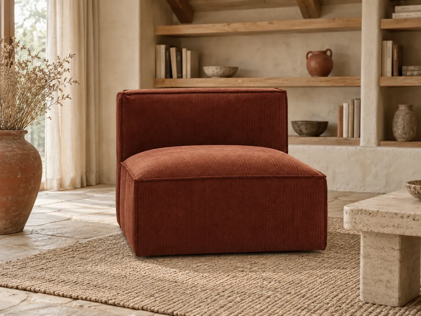 Canapé Seven La Redoute, coloris Terracotta (mise en situation illustrée par IA)