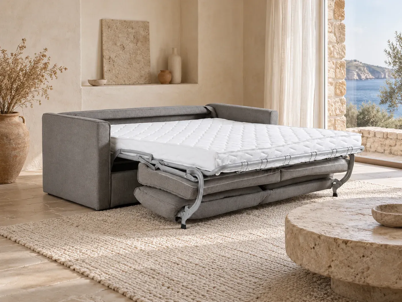 Camille, 3 places droit convertible, coton et lin, coloris anthracite, dans un salon de villa avec vue sur la mer
