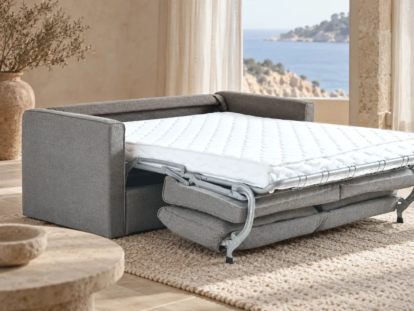Camille, 3 places droit convertible, coton et lin, coloris anthracite : gros plan sur le tissu