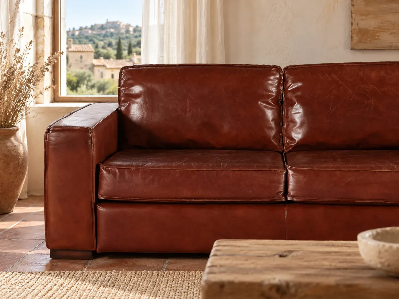 Colonel, 3 places droit convertible, cuir, coloris de vachette marron : gros plan sur le tissu