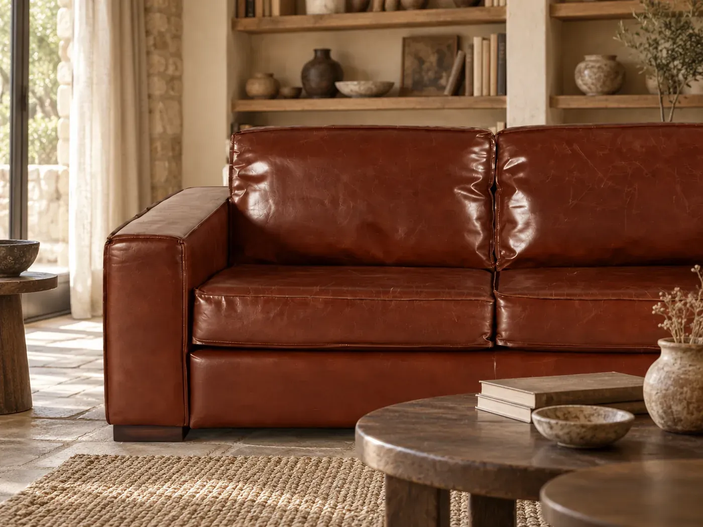 Colonel, 3 places droit convertible, cuir, coloris marron : gros plan sur les coussins