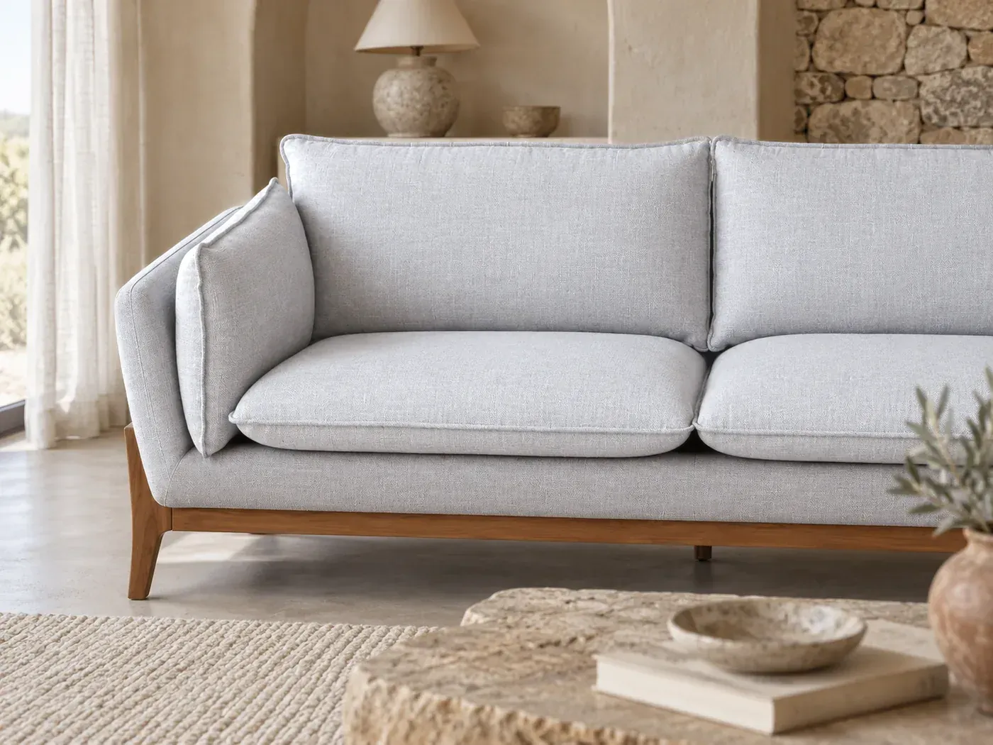 Shield, 3 places droit fixe, tissu, coloris gris clair chine : gros plan sur les coussins