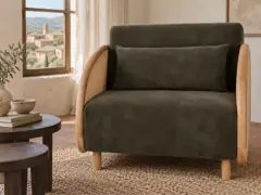 Canapé Narnia Maisons du Monde, 1 place droit convertible, velours, coloris vert, mise en situation dans un salon (illustration IA 2)