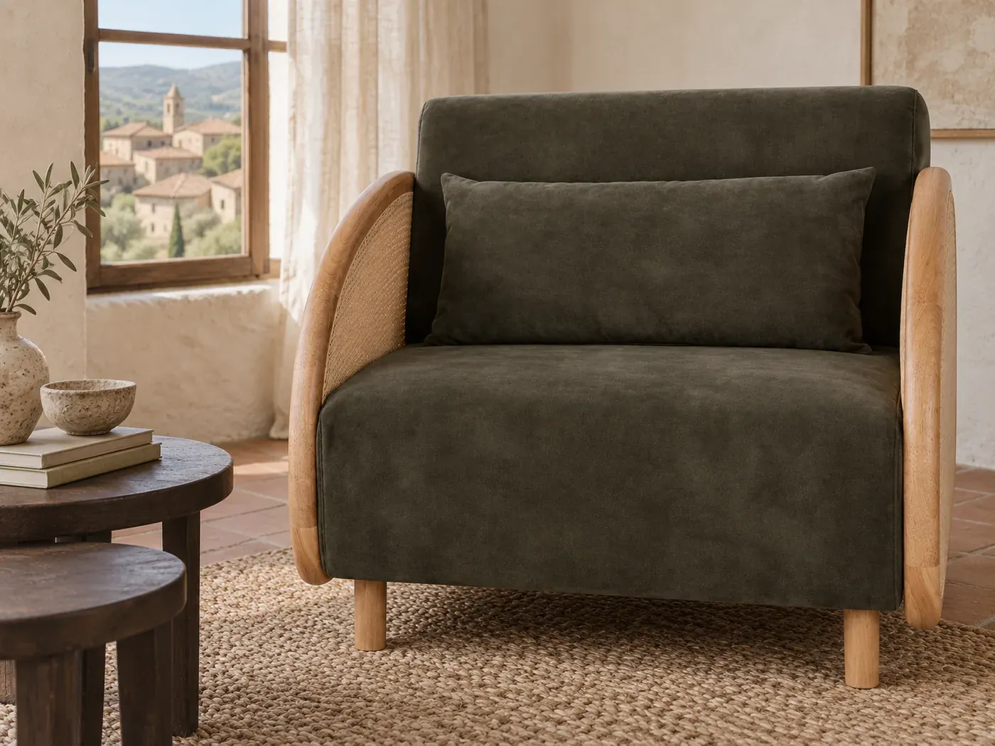 Narnia, 1 place droit convertible, velours, coloris vert : gros plan sur les coussins
