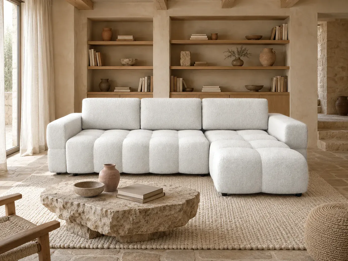 Mise en situation illustrée par IA à partir de la photo du coloris Canapé Gabriel Maisons du Monde, coloris Bouclette creme (mise en situation illustrée par IA)