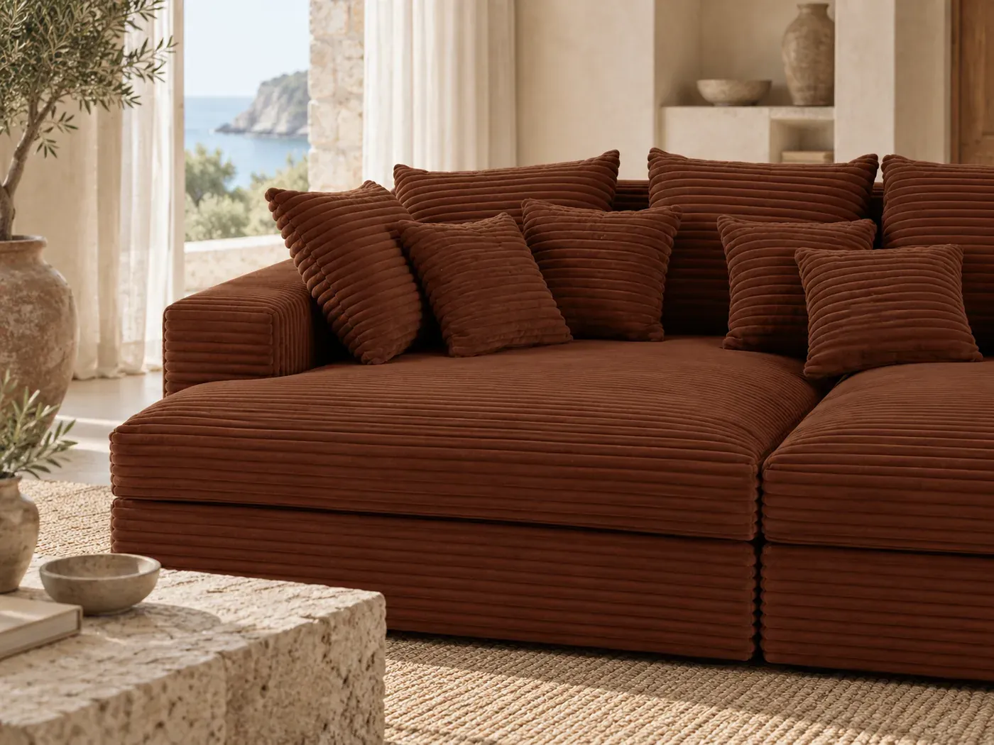 Collins, 4 places d'angle fixe, velours, coloris terracotta : gros plan sur les coussins