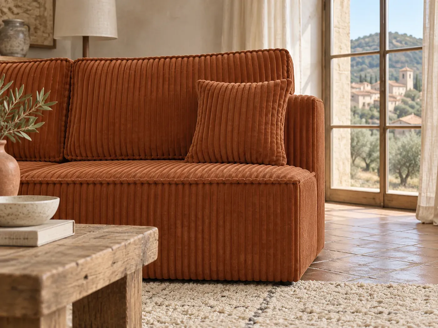 Fiona, 3 places droit fixe, velours, coloris terracotta : gros plan sur l'accoudoir