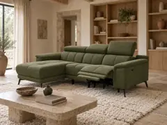 Canapé Fiero Maisons du Monde, 3 places d'angle fixe, coloris olive, mise en situation dans un salon (illustration IA 3)