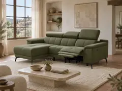 Canapé Fiero Maisons du Monde, 3 places d'angle fixe, coloris olive, mise en situation dans un salon (illustration IA 4)