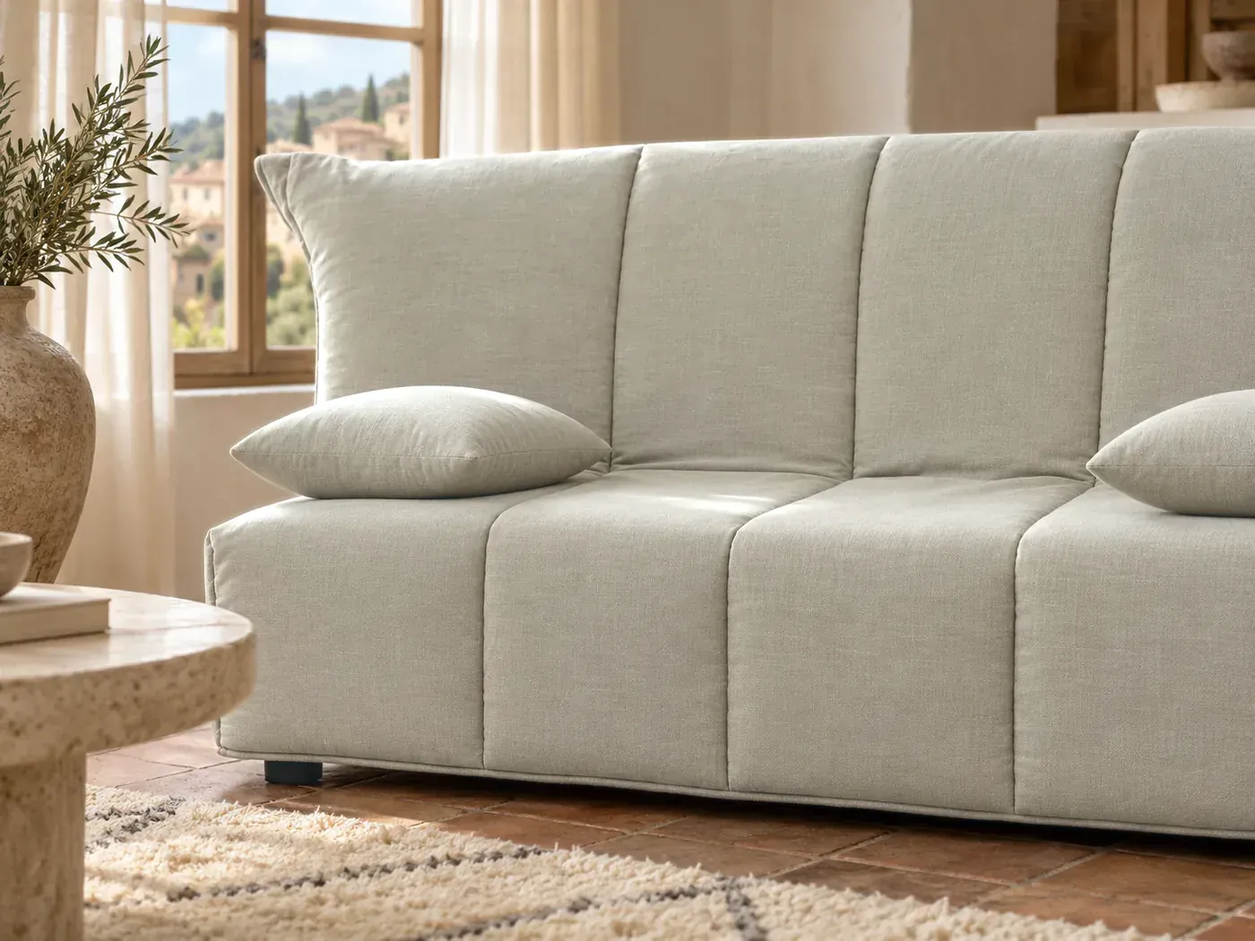 Allegra, 3 places droit convertible, tissu, coloris beige 165x90 cm : gros plan sur le tissu