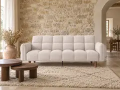 Canapé Adam Maisons du Monde, 2 places droit convertible, coloris beige, mise en situation dans un salon (illustration IA 1)