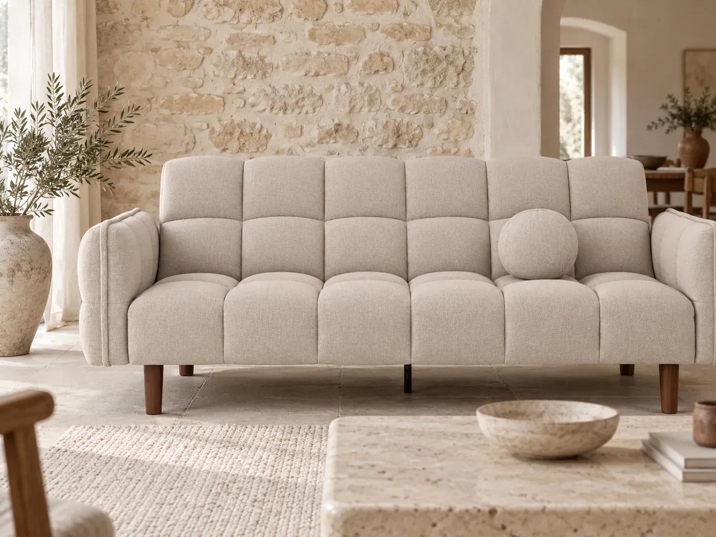 Adam, 2 places droit convertible, tissu, coloris beige : gros plan sur le tissu