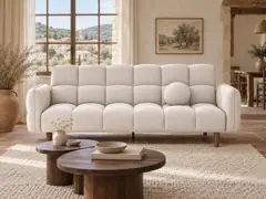 Canapé Adam Maisons du Monde, 2 places droit convertible, coloris beige, mise en situation dans un salon (illustration IA 6)