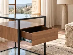 Canapé Aspen Maisons du Monde, droit fixe, coloris bout de canape 1 tiroir, mise en situation dans un salon (illustration IA 2)