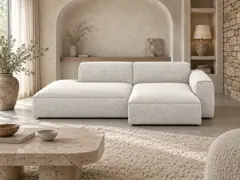 Canapé Casanova Maisons du Monde, 4 places d'angle fixe, coloris polyester melange gris, mise en situation dans un salon (illustration IA 1)