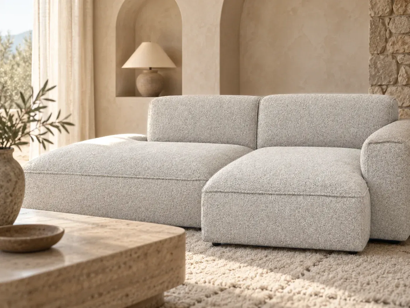Casanova, 4 places d'angle fixe, tissu, coloris polyester melange gris : gros plan sur les coussins