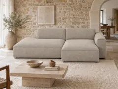 Canapé Casanova Maisons du Monde, 4 places d'angle fixe, coloris polyester melange gris, mise en situation dans un salon (illustration IA 3)