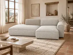 Canapé Casanova Maisons du Monde, 4 places d'angle fixe, coloris polyester melange gris, mise en situation dans un salon (illustration IA 7)
