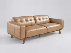 Canapé Chester Maisons du Monde, 3 places droit fixe, cuir, coloris sable et pied noyer