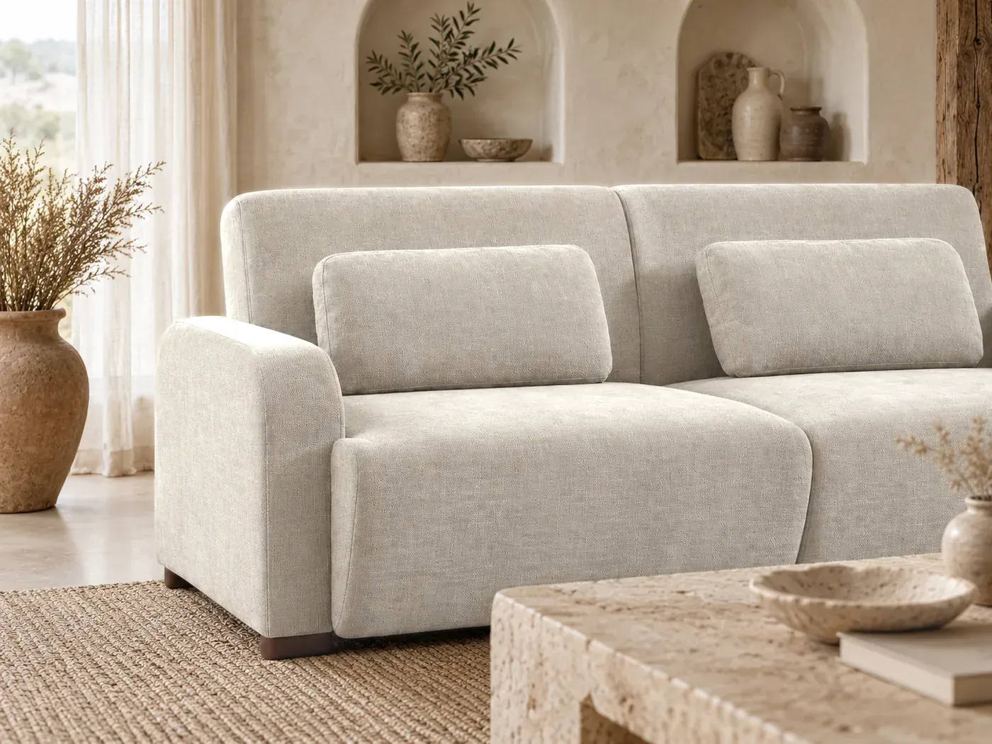 Dany, 3 places droit convertible, tissu, coloris beige : gros plan sur les coussins