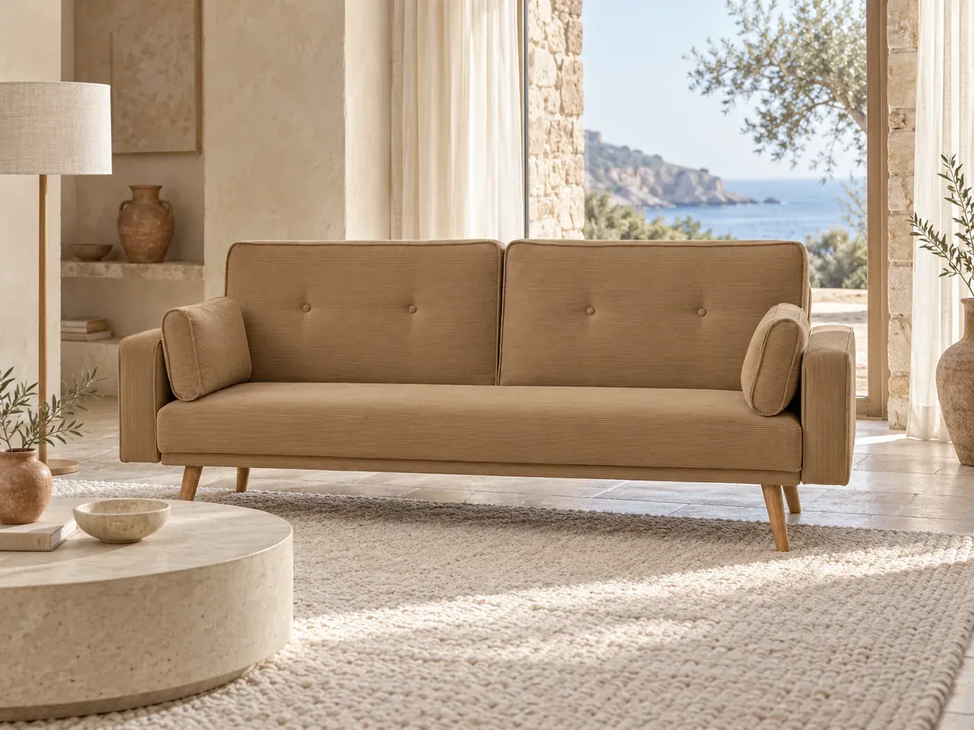 Mise en situation illustrée par IA à partir de la photo du coloris Canapé Elga Maisons du Monde, coloris Taupe (mise en situation illustrée par IA)