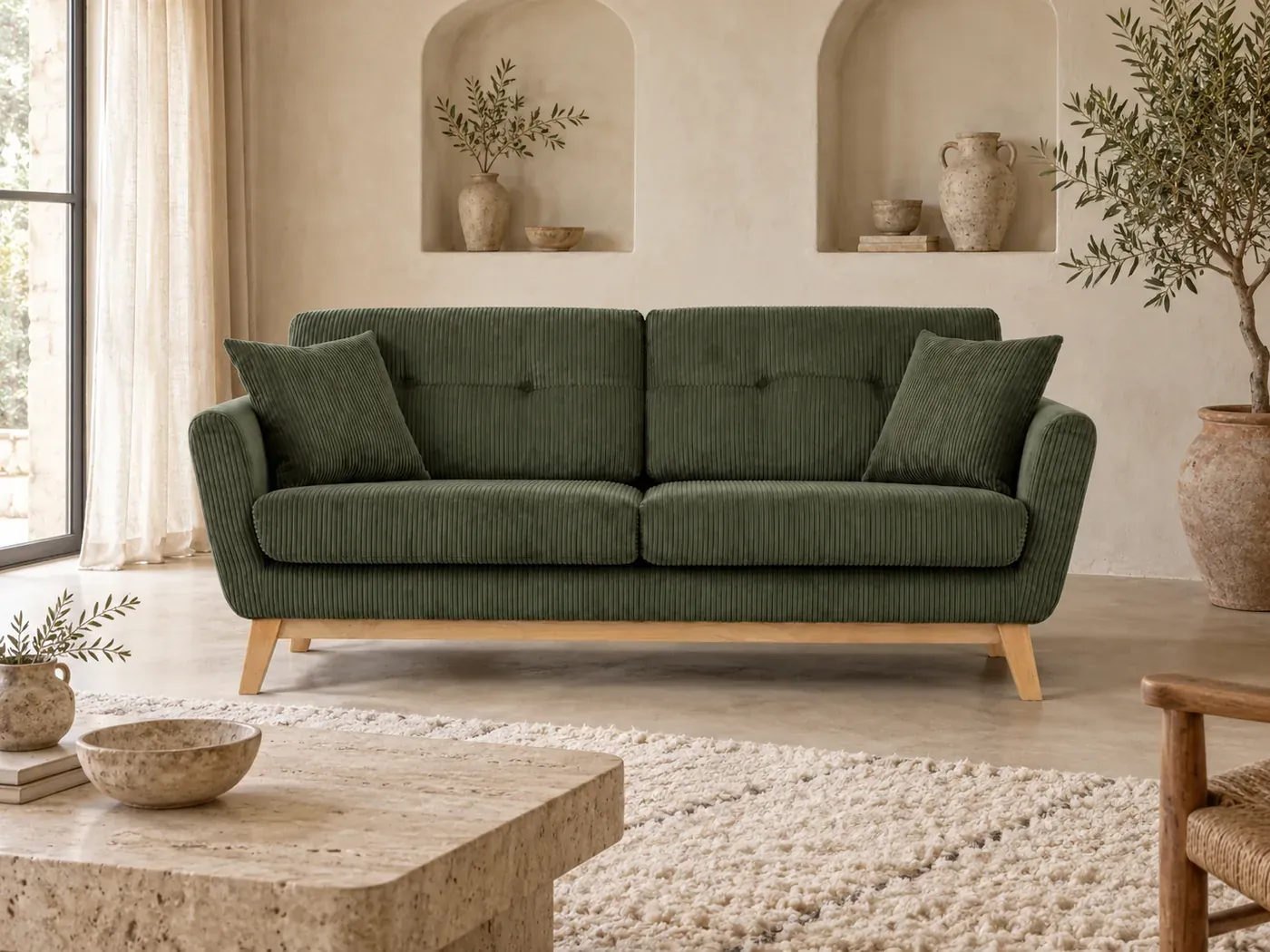 Canapé Hoga Maisons du Monde, coloris Vert (mise en situation illustrée par IA)