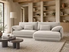Canapé Torino Maisons du Monde, 4 places d'angle fixe, tissu structurel, coloris beige clair, mise en situation dans un salon (illustration IA 3)