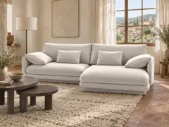 Canapé Torino Maisons du Monde, 4 places d'angle fixe, tissu structurel, coloris beige clair, mise en situation dans un salon (illustration IA 4)