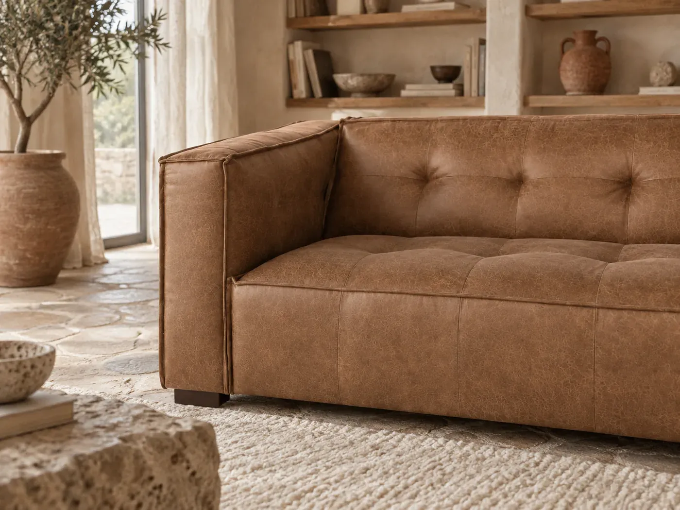 Tary, 3 places droit fixe, tissu, coloris enduit camel : gros plan sur le tissu