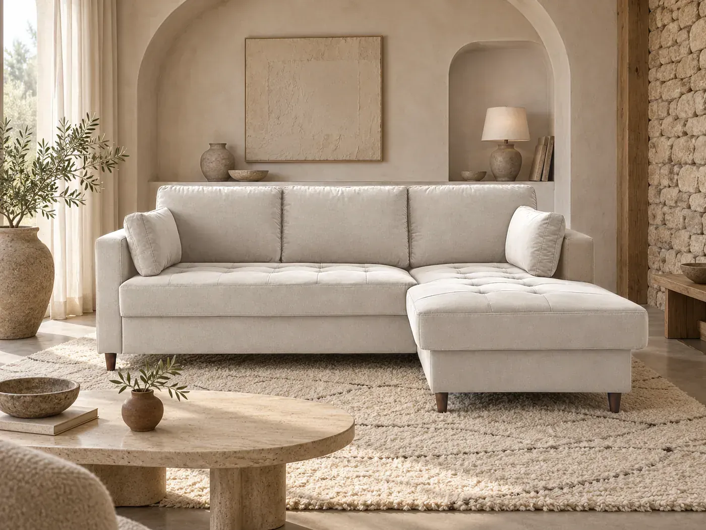 Canapé Anna Maisons du Monde, coloris Beige (mise en situation illustrée par IA)